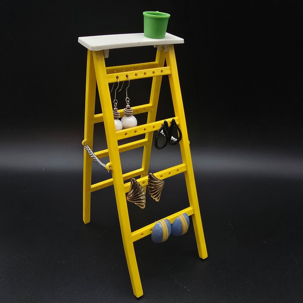 Vintage Yellow Ladder Earring Rack Tree with Green Paint Bucket Plastic 1980s